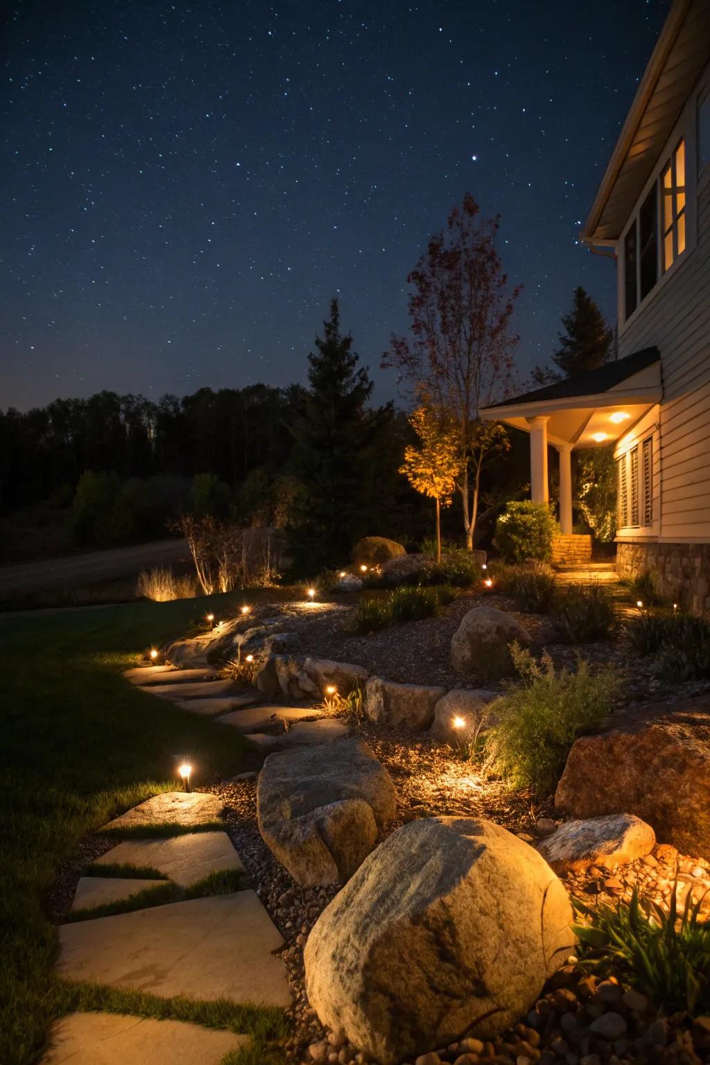Feature lighting enhancing stone elements at night.