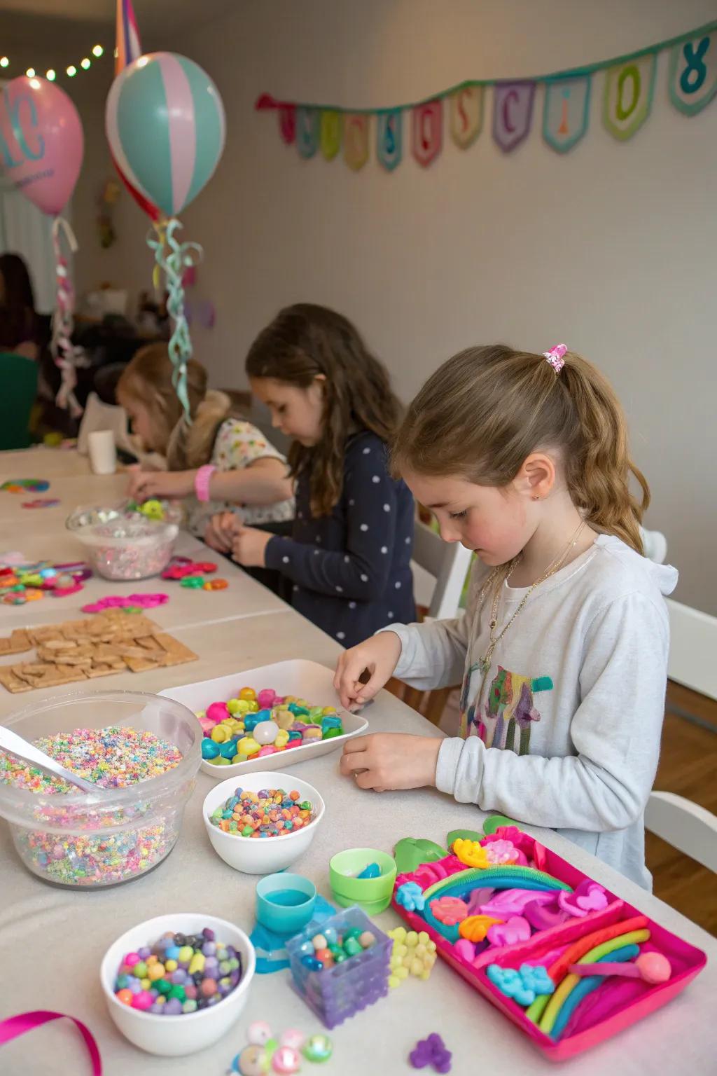 An art station inviting children to craft unique lucky charms.