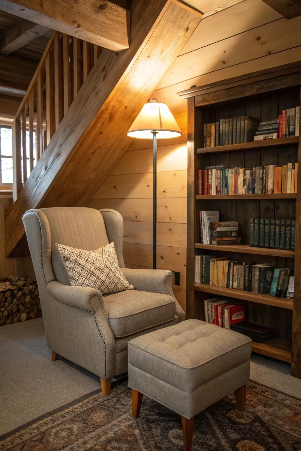 A cozy reading corner providing a serene getaway in a man cave.