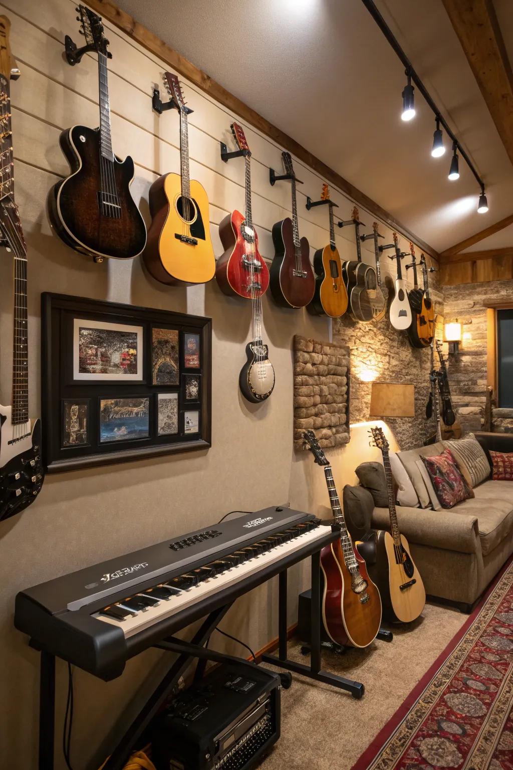 Instruments double as art in a musician's man cave.