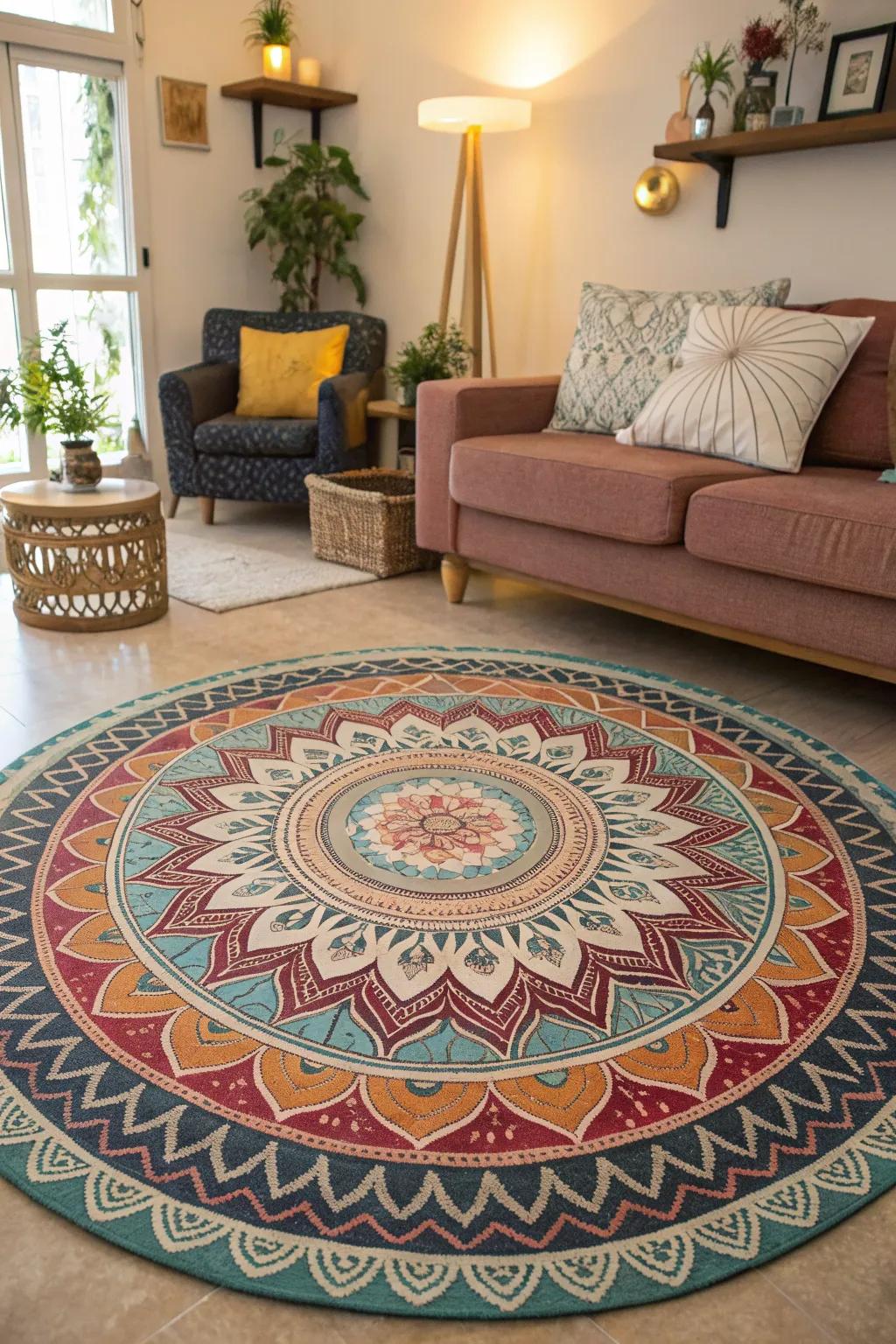 A circle motif floor covering anchoring a living area with elaborate patterns.
