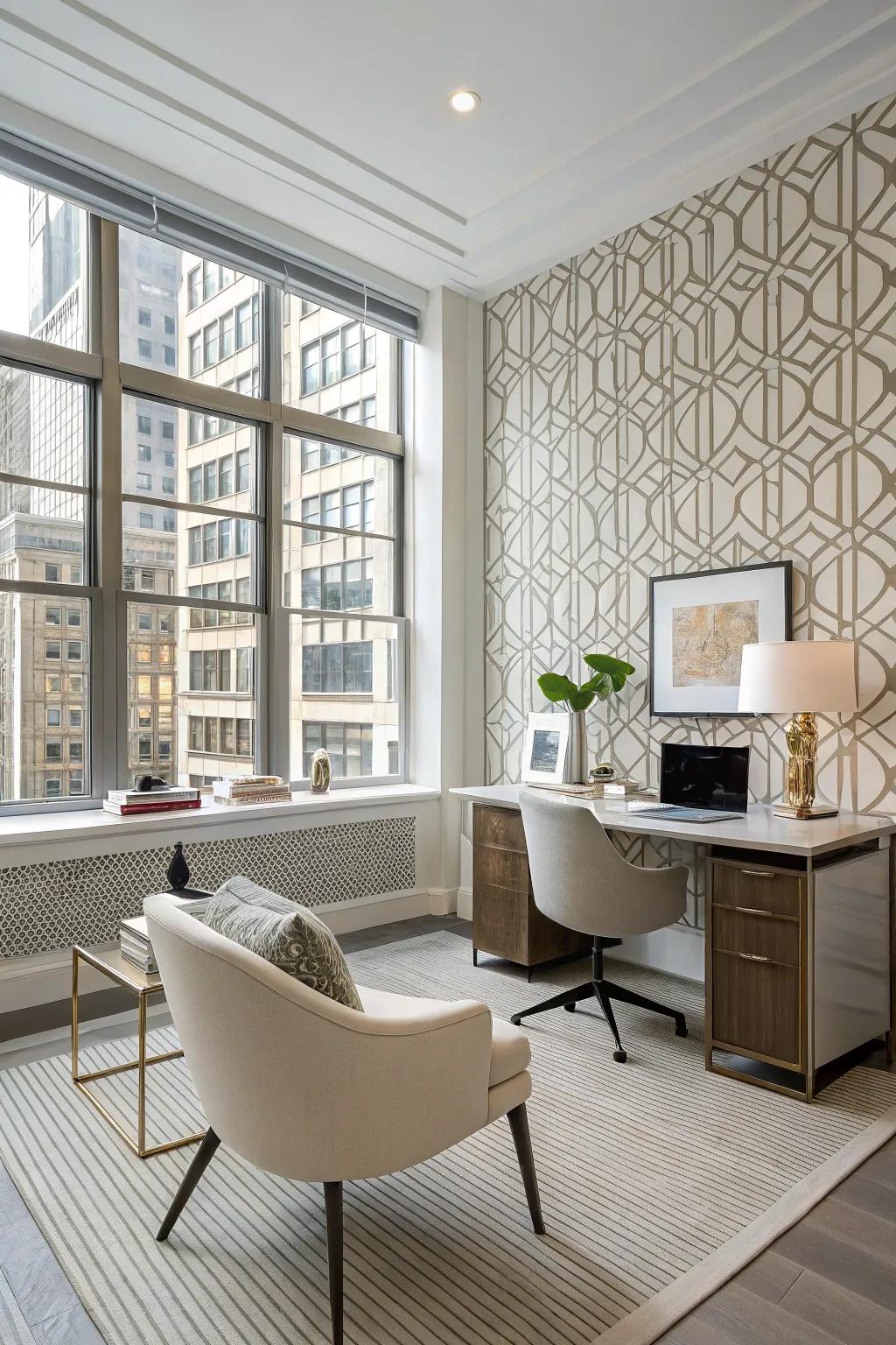 Symmetrical pattern wall covering adds drama to a sophisticated office.
