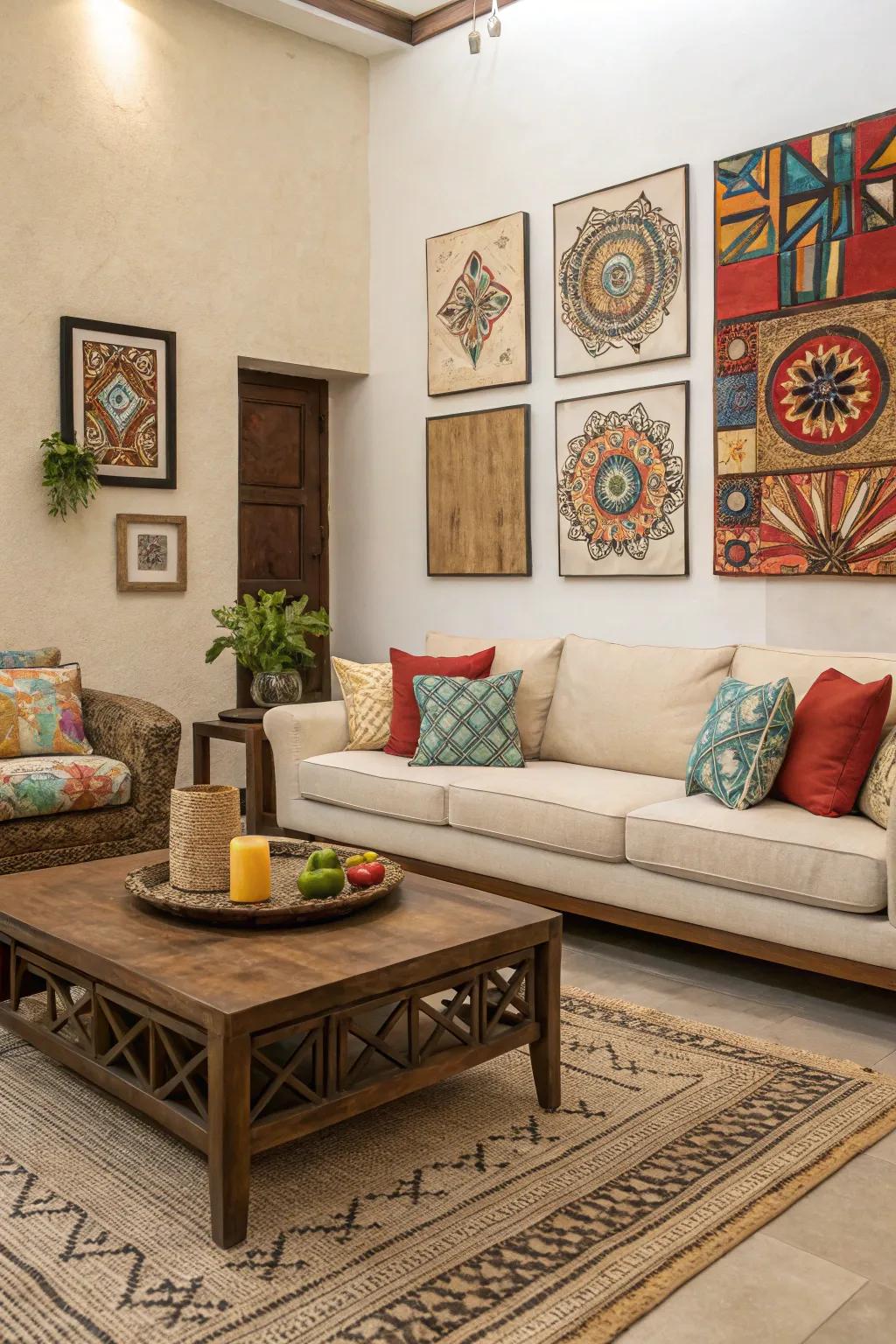 Neutral furniture grounds vibrant decor in this maximalist space.