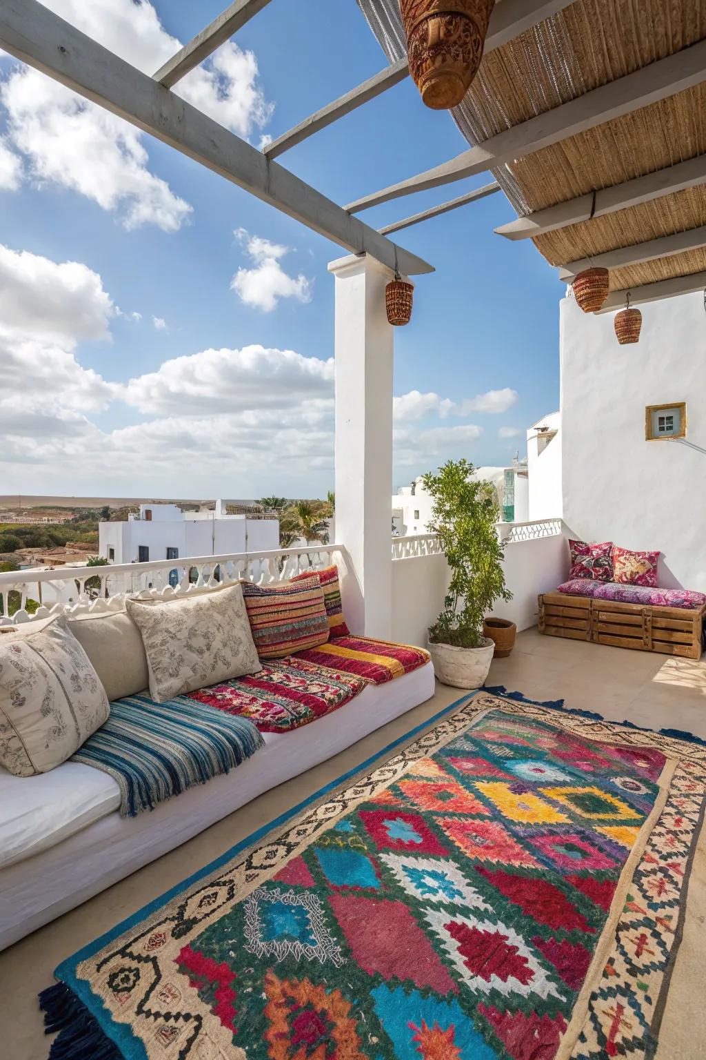 Exterior rugs imparting warmth and a unified design to the porch.