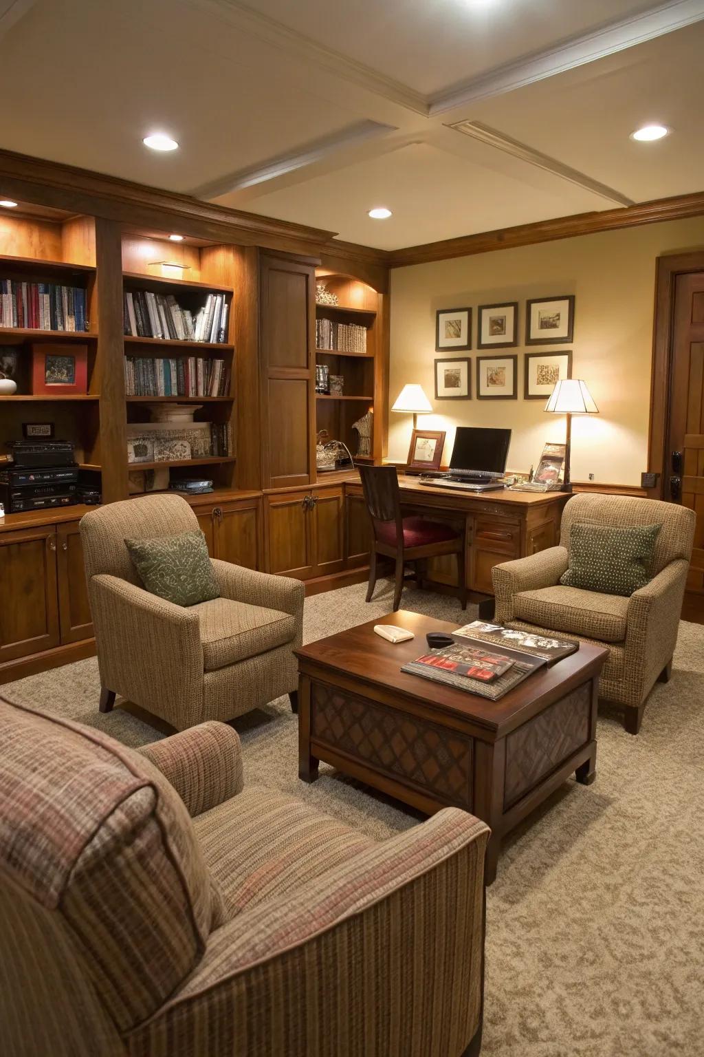 A seating area makes this office more inviting and versatile.