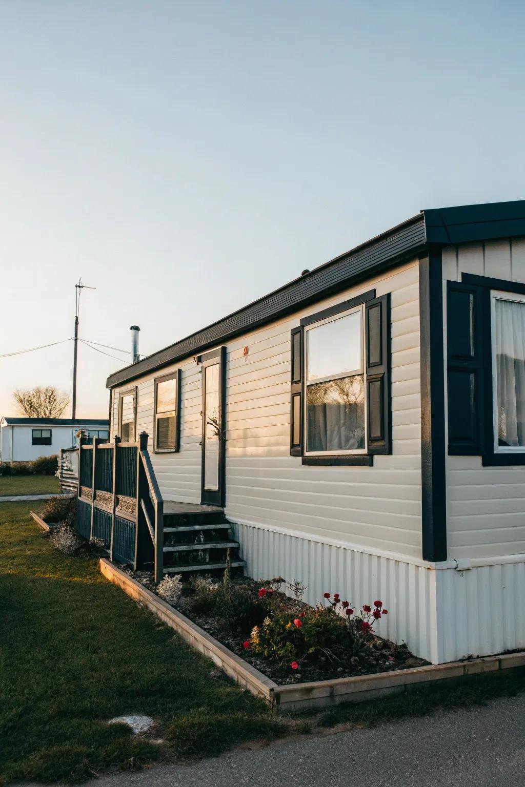 Dark window trim generating a striking contrast on a mobile home.