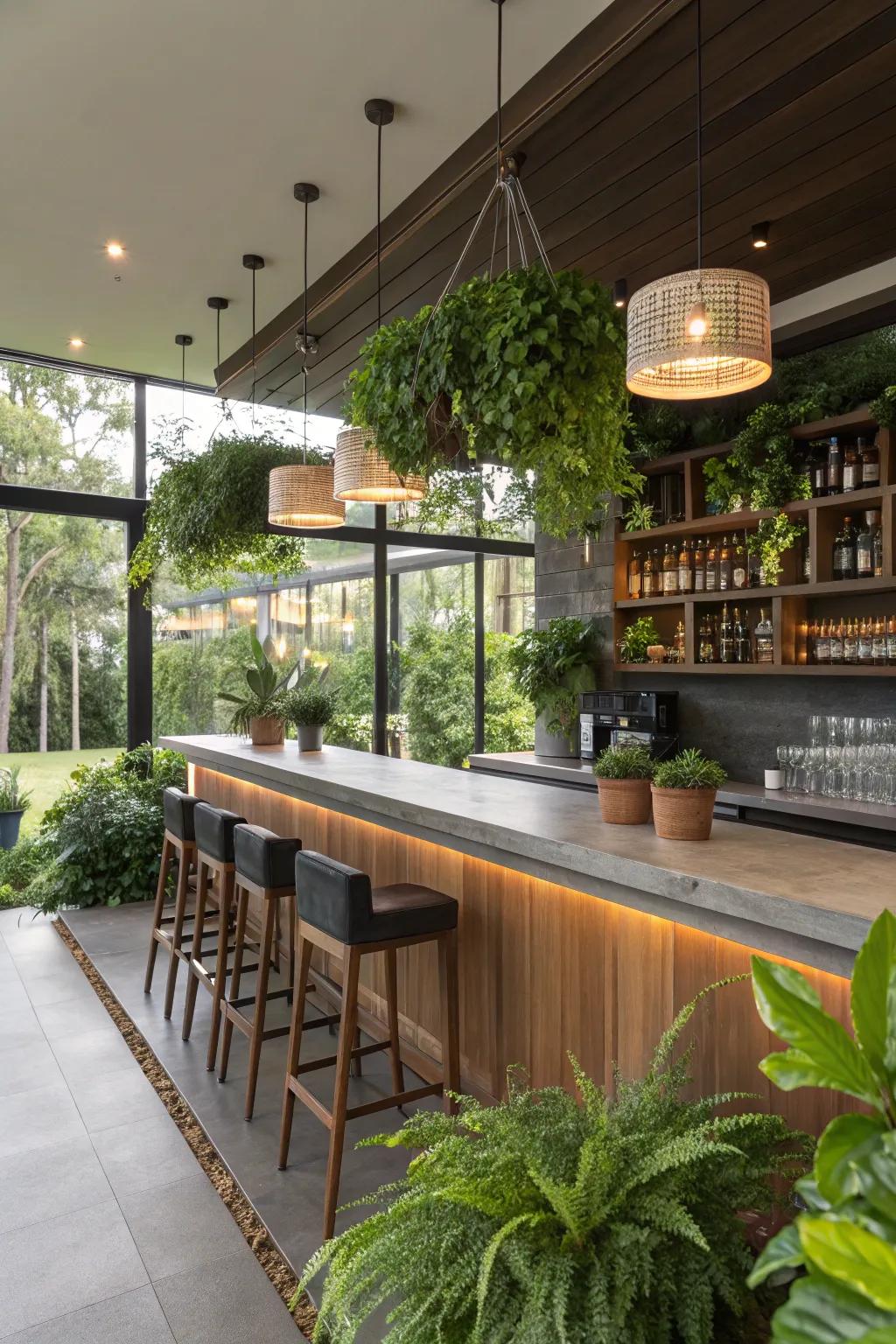 Greenery brings a touch of nature to this modern bar.