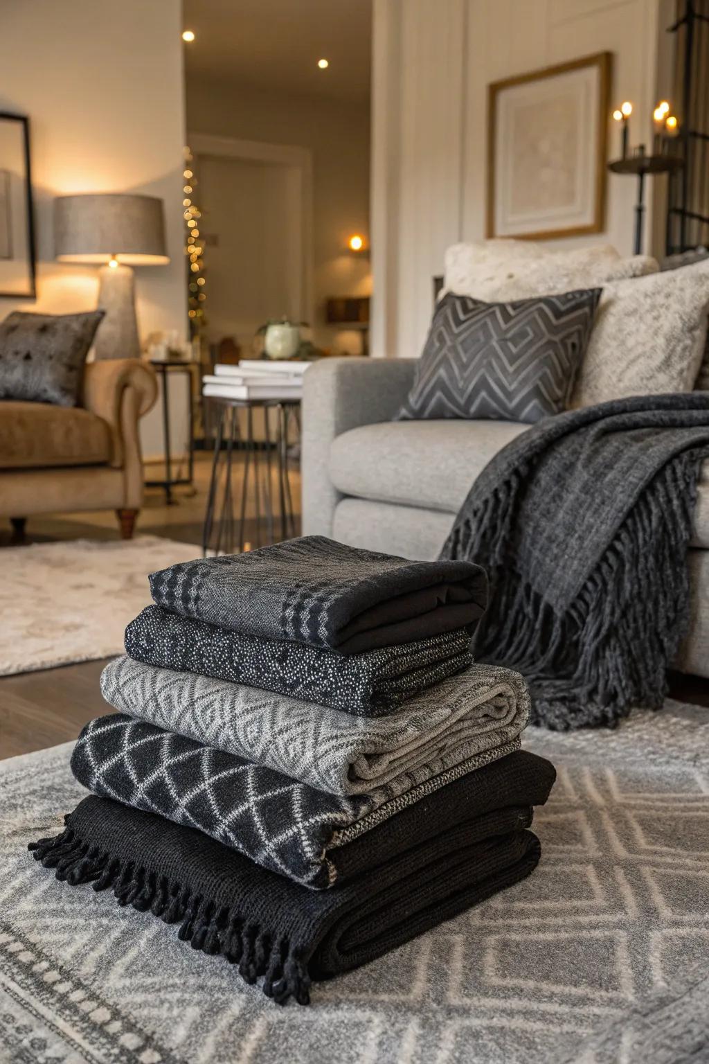 Layered textiles in charcoal and slate add depth and coziness.