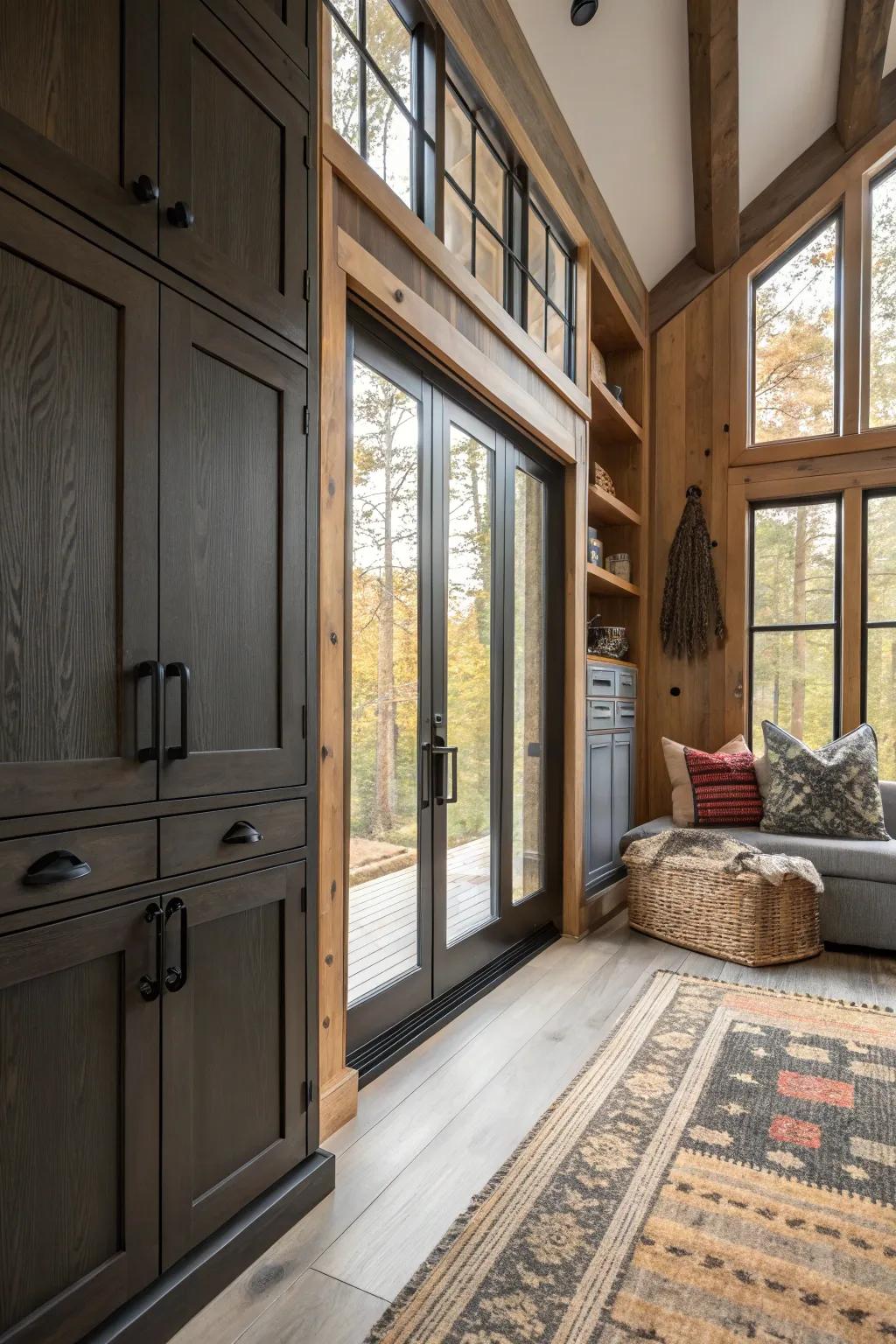 Black iron hardware adds a smooth modern touch to cabin insides.