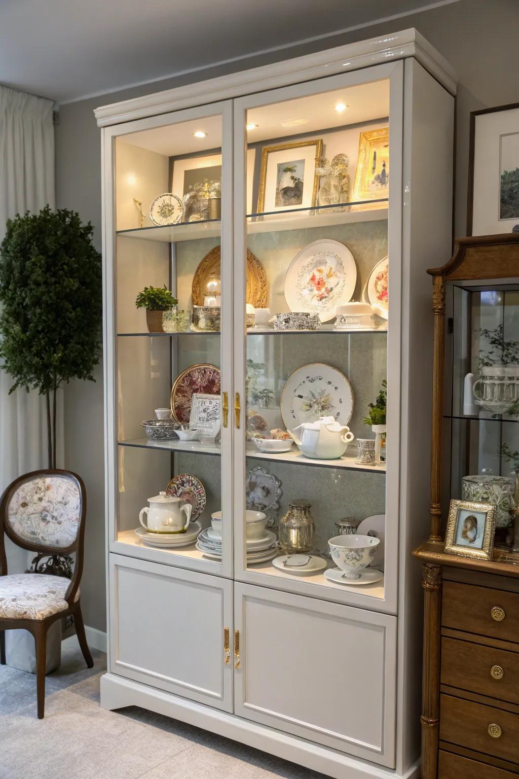 Tailored mementos inject personality into a china cabinet.