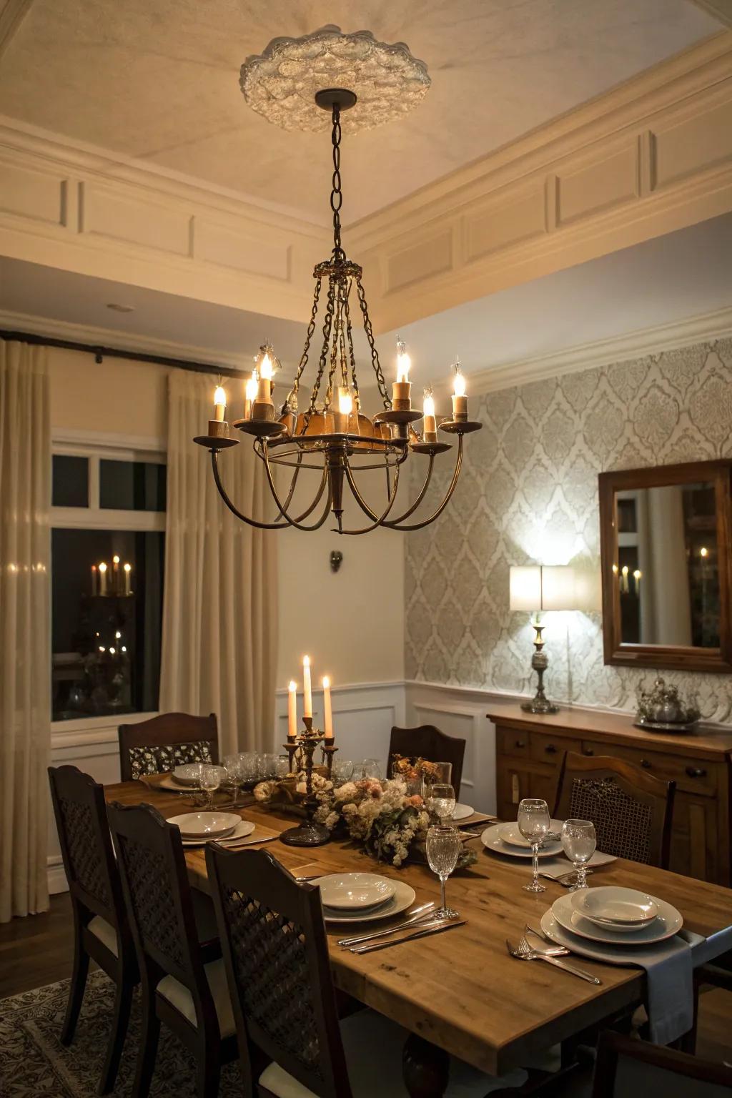 Candle-style chandeliers integrate a traditional accent.