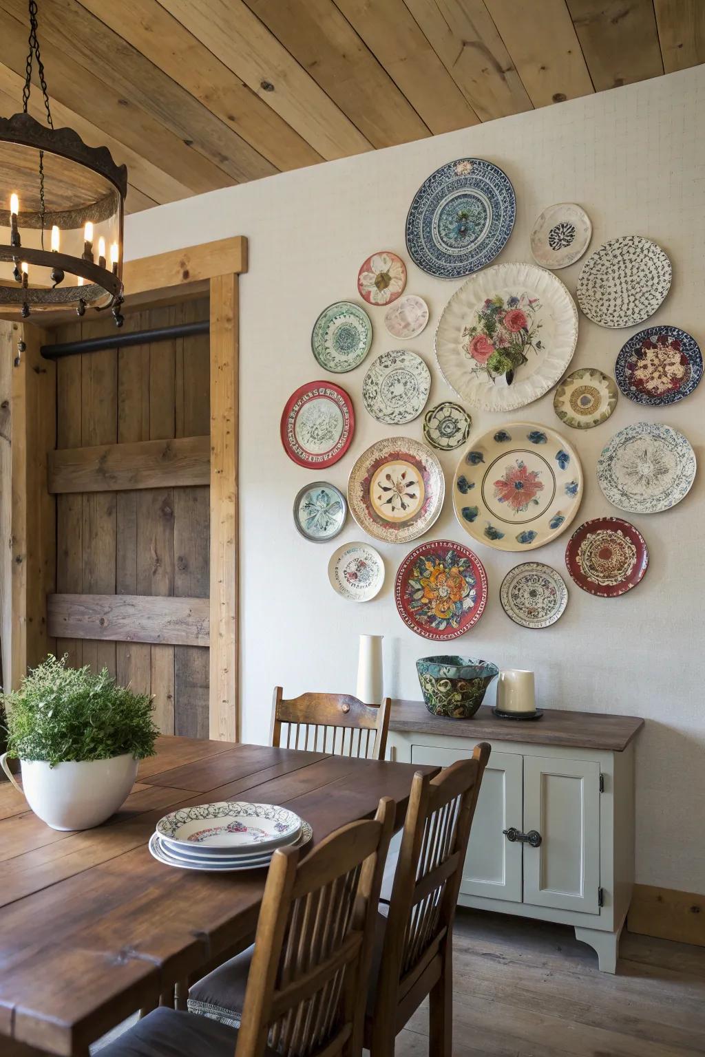 Vintage ornamental plates infusing charm into a dining sector.