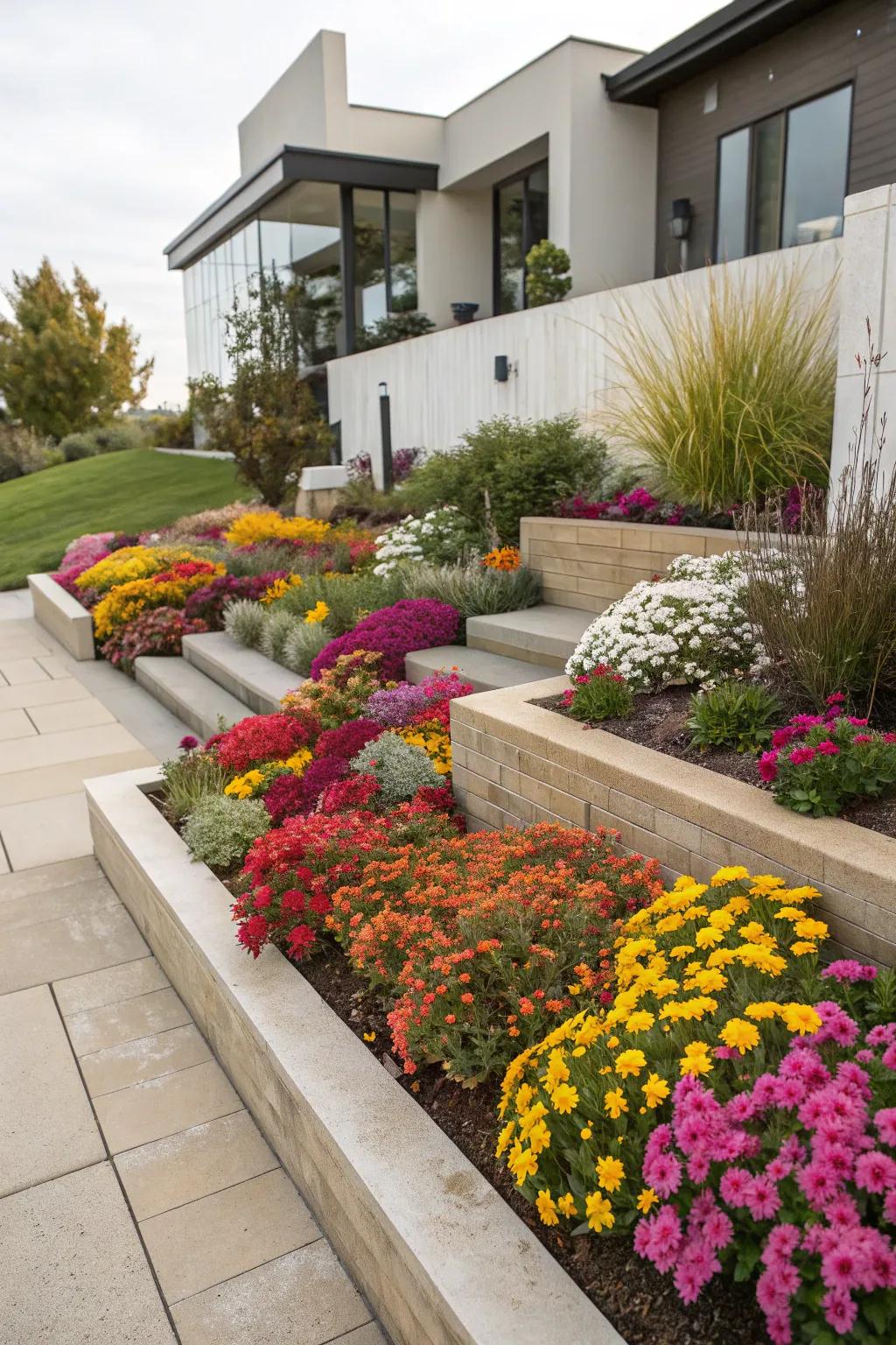 Tiered planting enhances depth and dimension in flower beds.