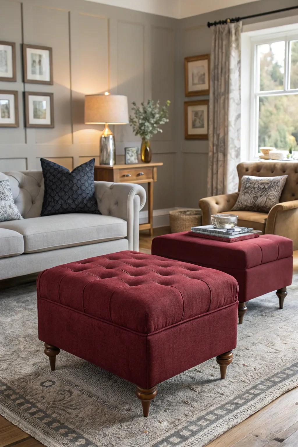 Lounge consisting of deep red upholstered stools and grey decor.