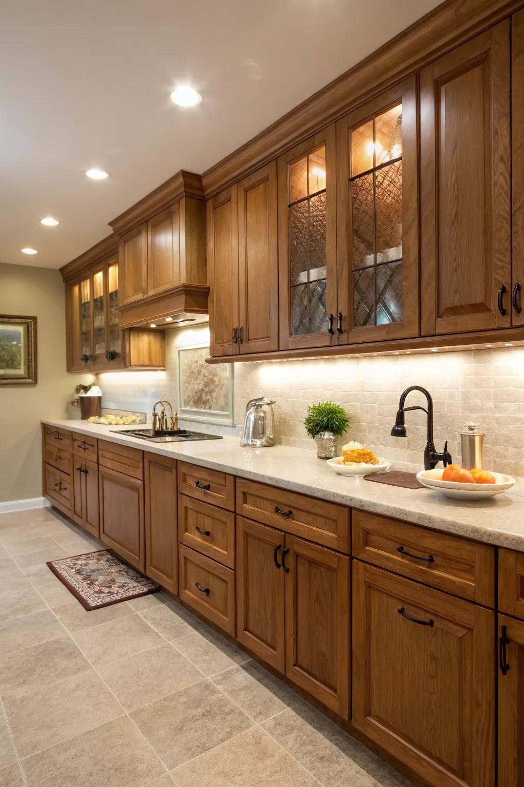 Lower-cabinet illumination highlights the beauty of hickory.