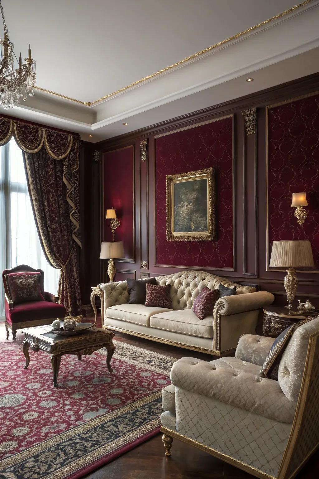 Burgundy walls bring a dramatic and sophisticated flair to this living room.
