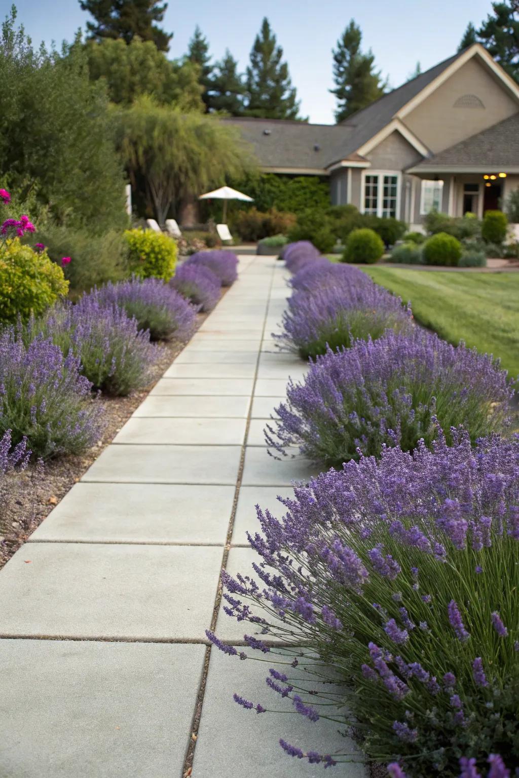 Fragrant lavender lining a path in a modern front yard.