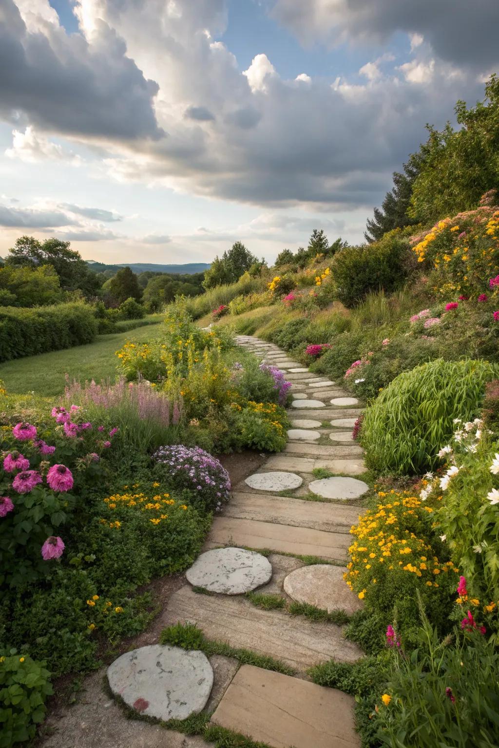 A garden path featuring imaginatively arranged walkway stones for playful charm.
