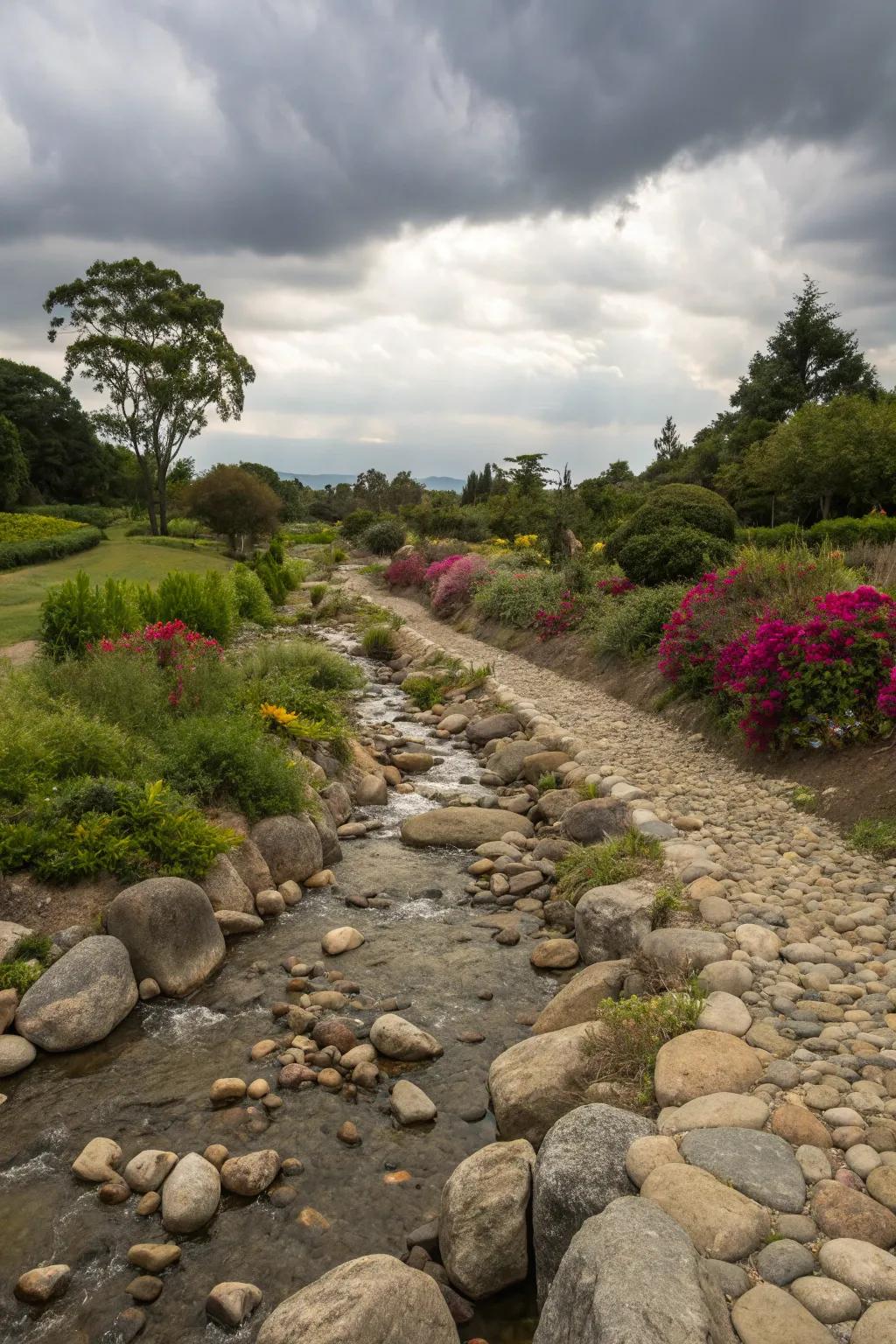 A dry streambed affixes a flowing, natural component to your garden.