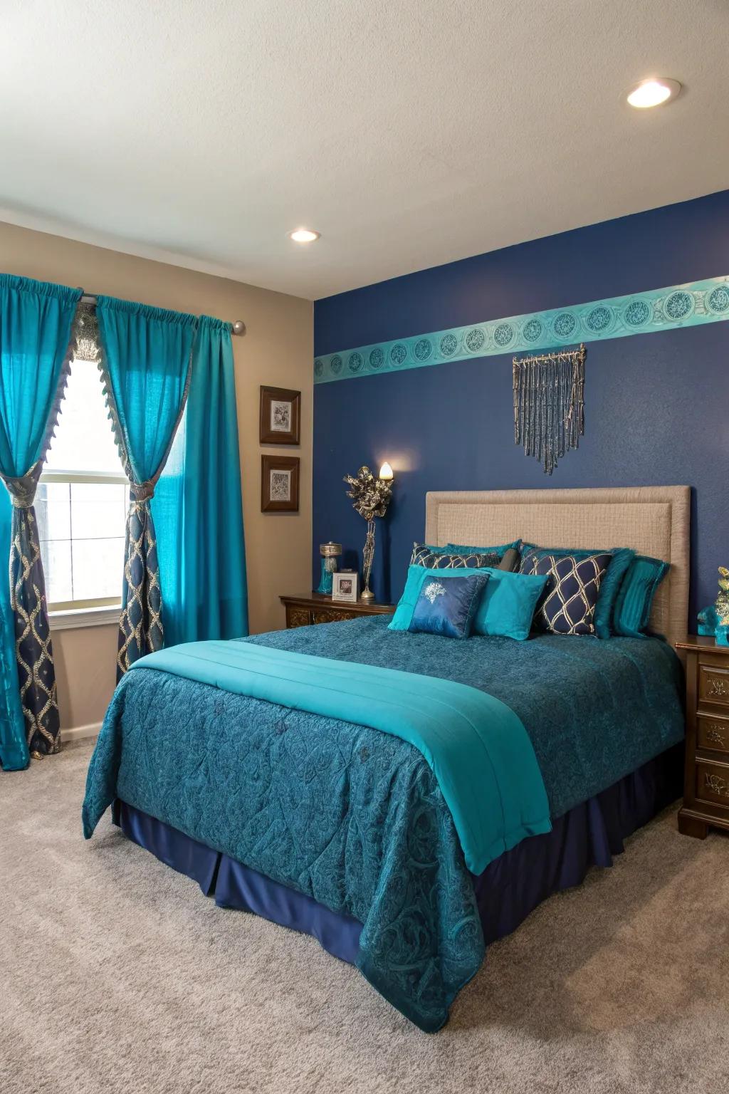 Teal highlights inject a vibrant twist to the sapphire-themed bedroom.