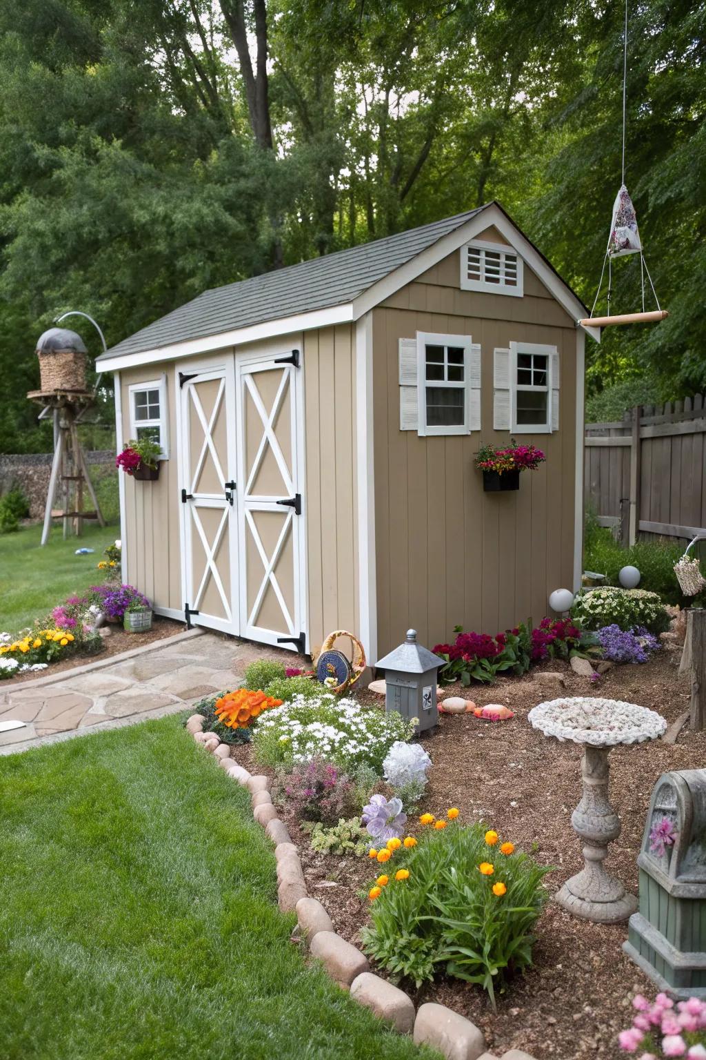 A warm taupe shed, offering whimsy and sophistication.