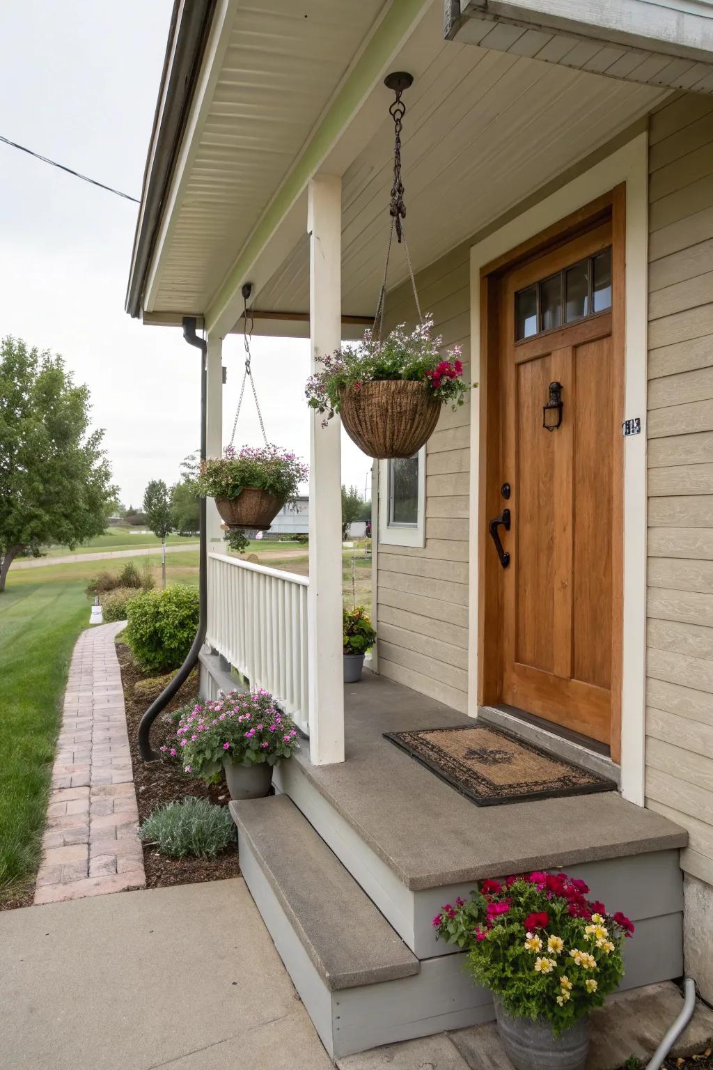 A small front porch adorned with lush hanging planters, adding a touch of nature and enhancing its visual appeal.
