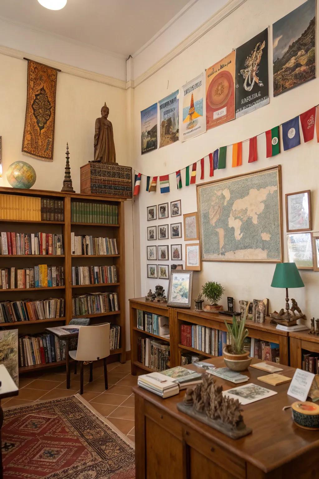 A study room enriched by cultural and travel-inspired decor.