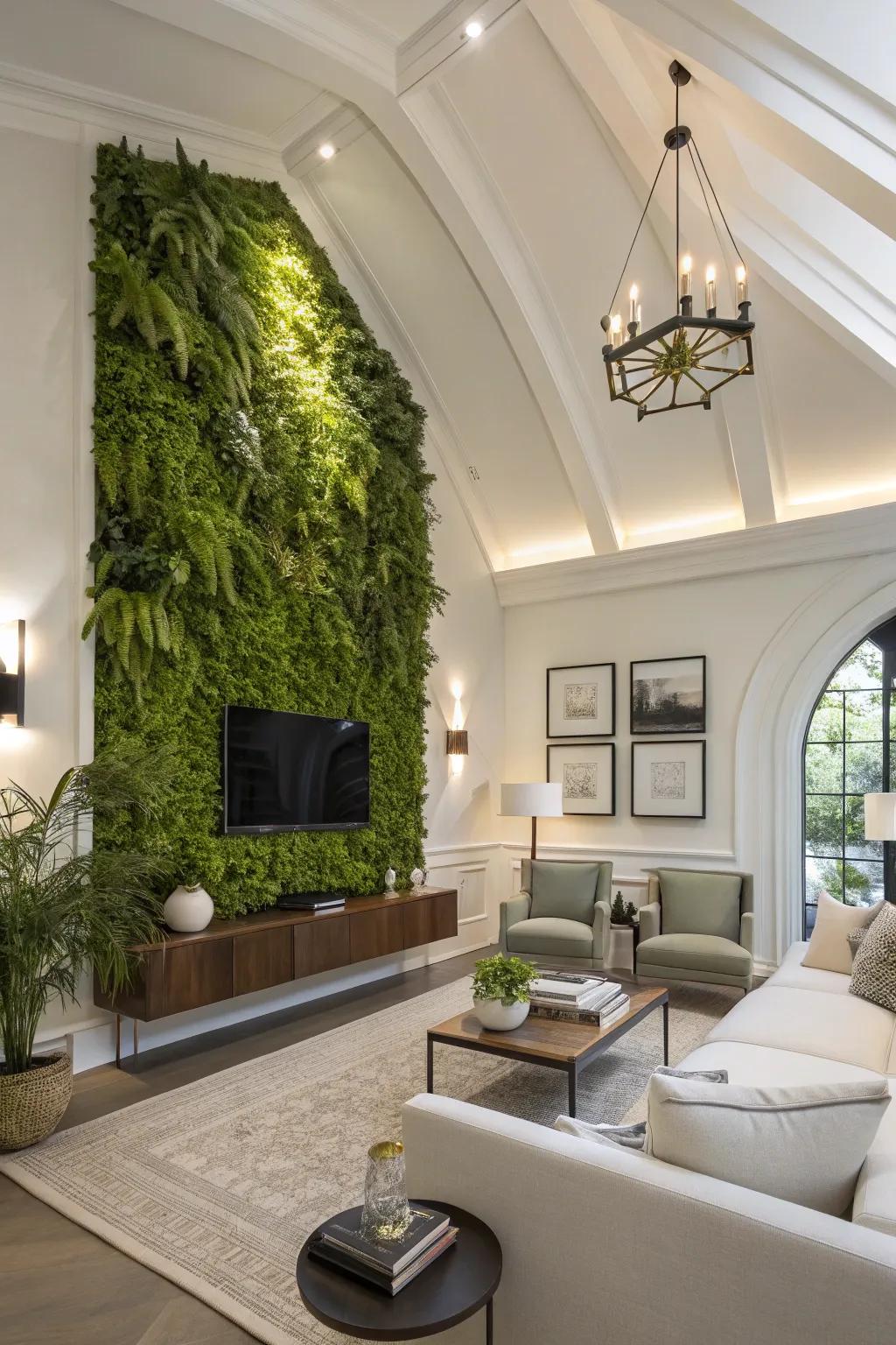 An upright garden creatively utilizes space, adding freshness to this living space.