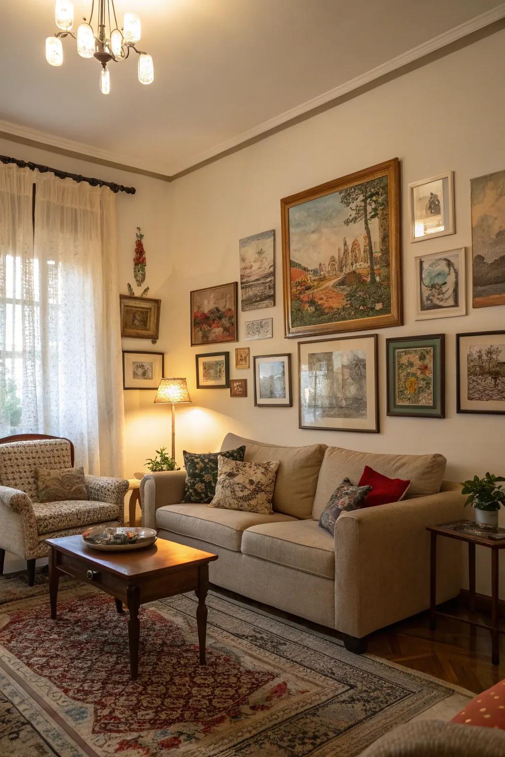 Layered artwork adding depth to a moody living room.