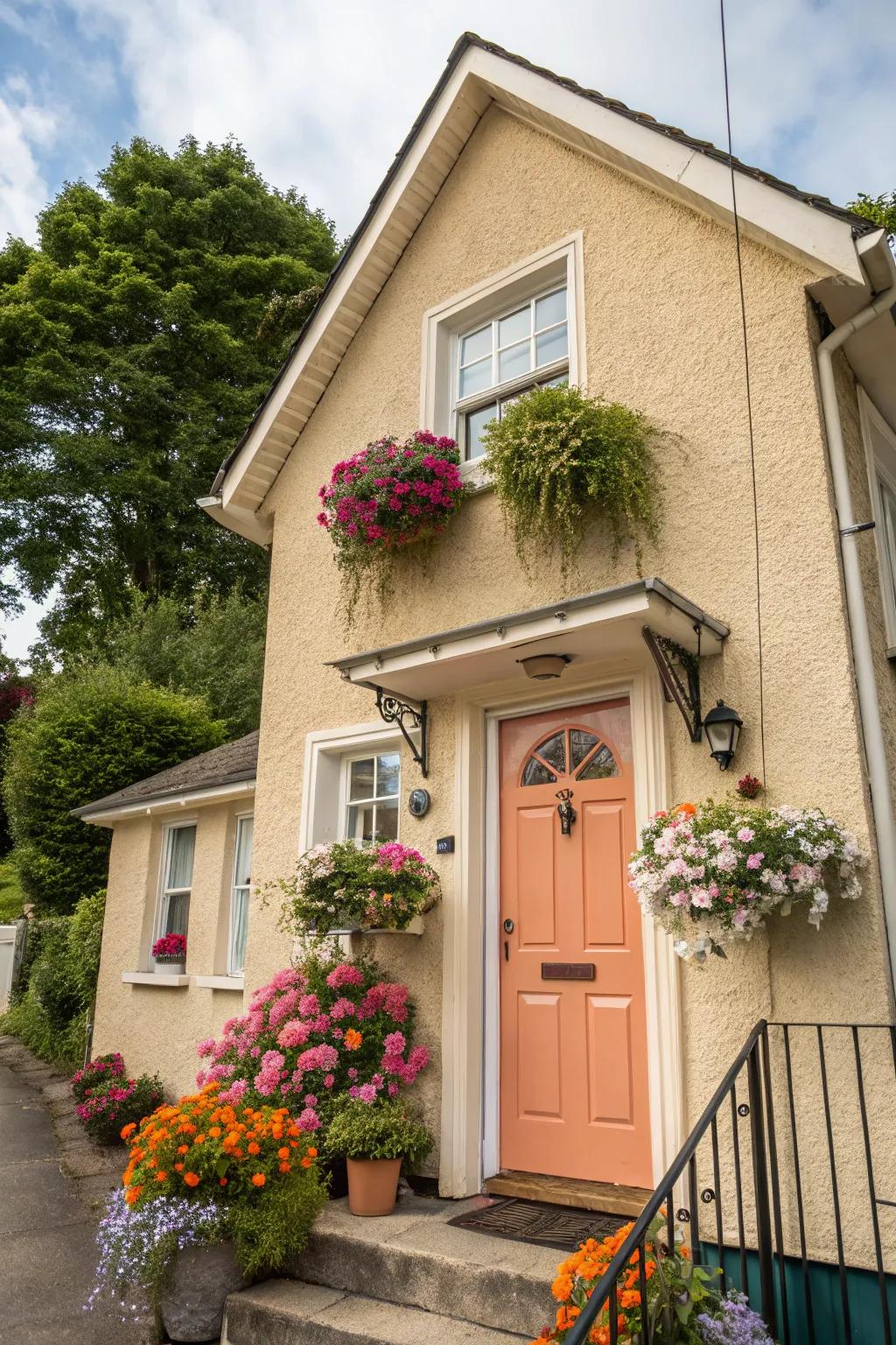 Apricot front door incorporates coziness and appeal to a beige house.