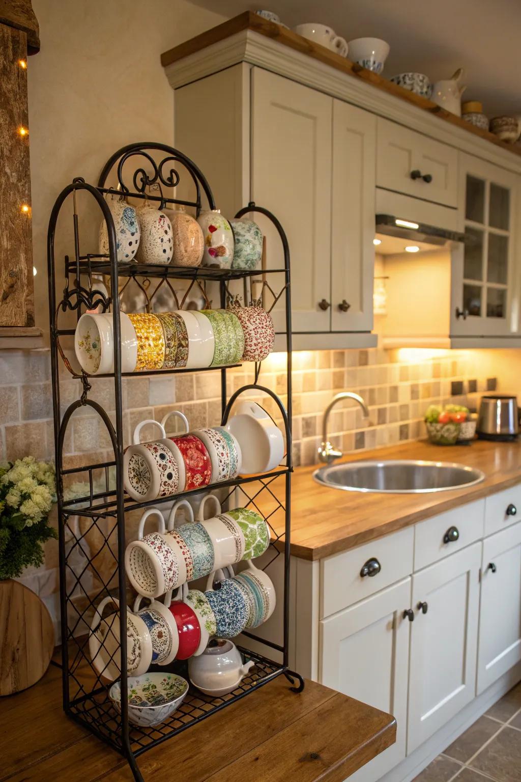 Add vintage charm to your kitchen with a repurposed plate rack for mugs.