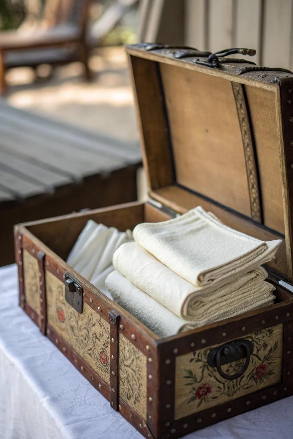 A vintage trunk delivers classic appeal and generous storage for napkins.