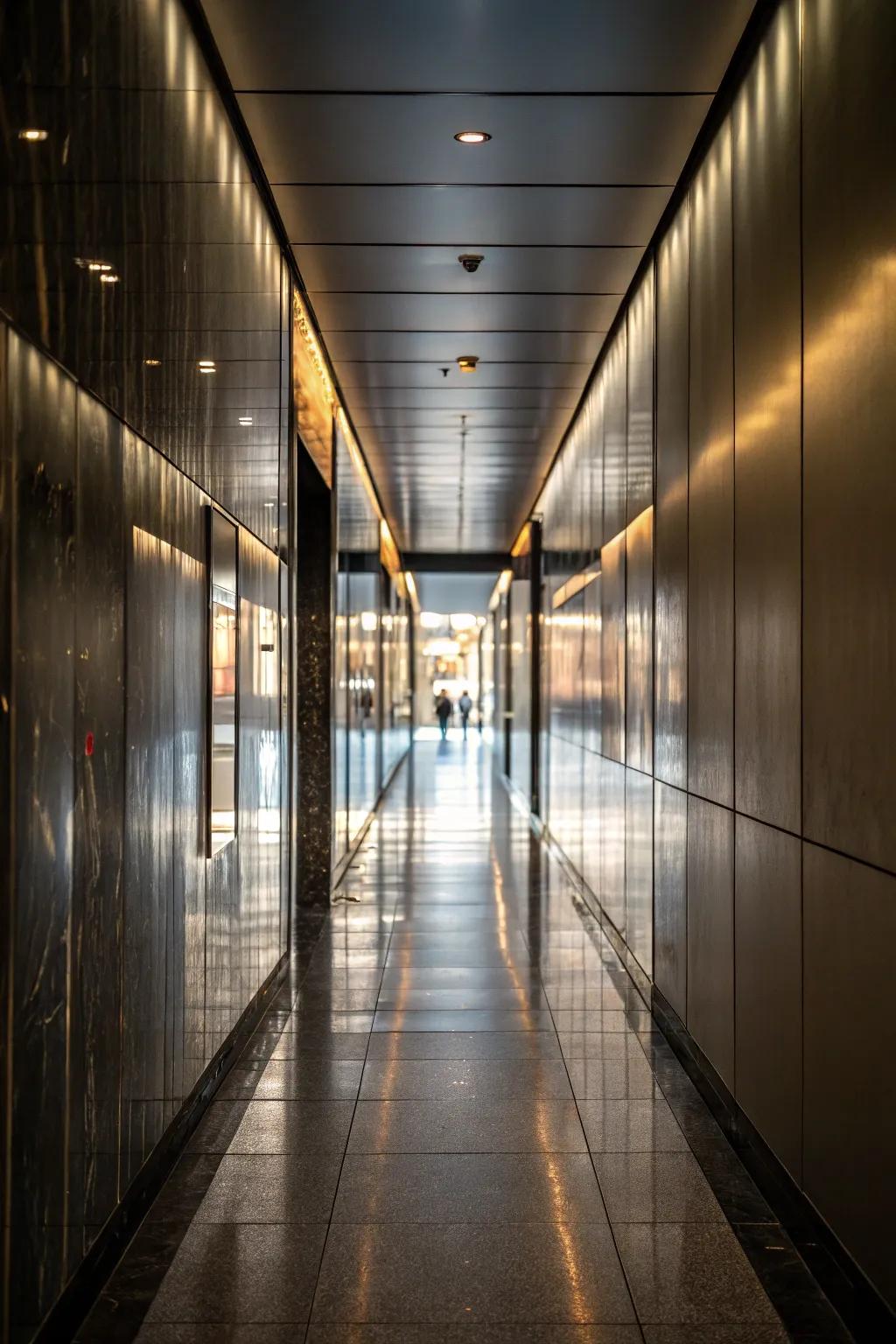 High-sheen finishes reflect illumination, introducing luxury and sophistication to a narrow hallway.