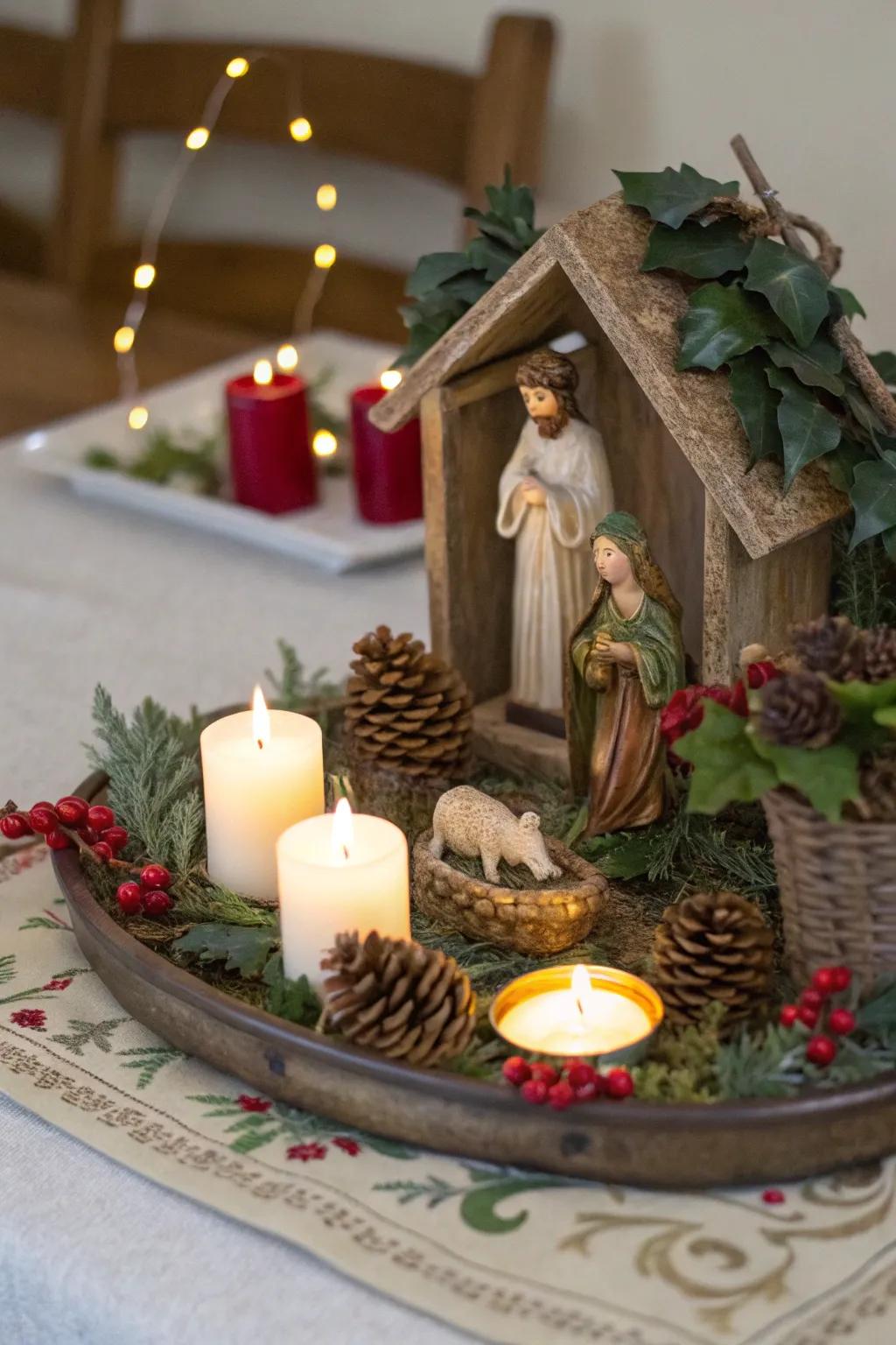 A chic nativity display positioned on an ornamental salver.