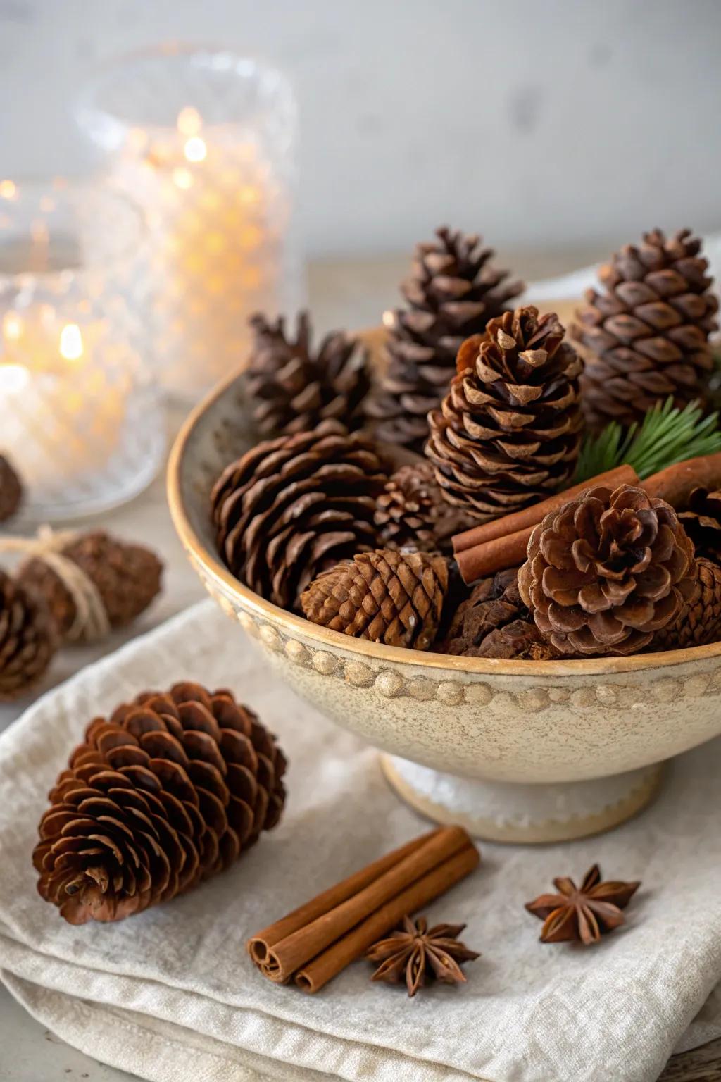 Cinnamon-infused pinecones: the secret to imbuing your home with a cozy ambiance.