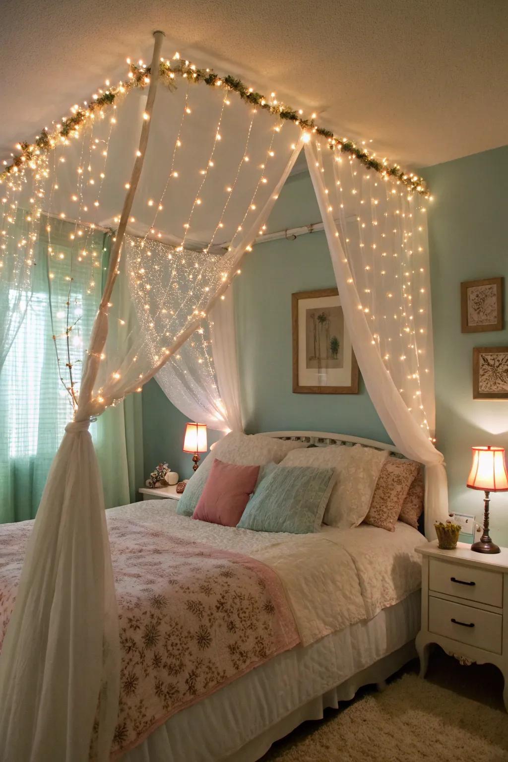 Woodland-inspired illumination builds a magical glow to the bedroom.