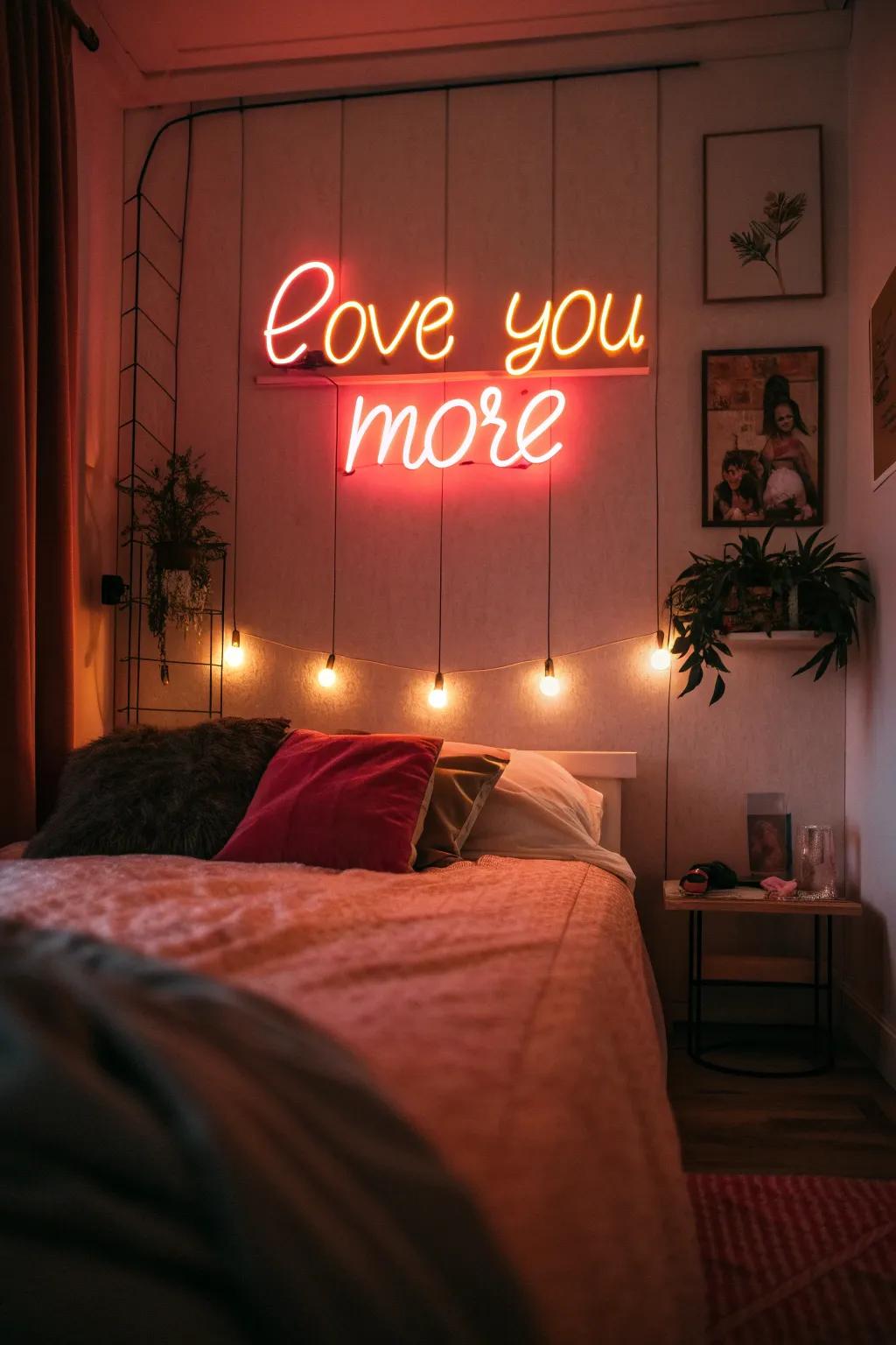 A passionate neon design sets an intimate mood in the bedroom.