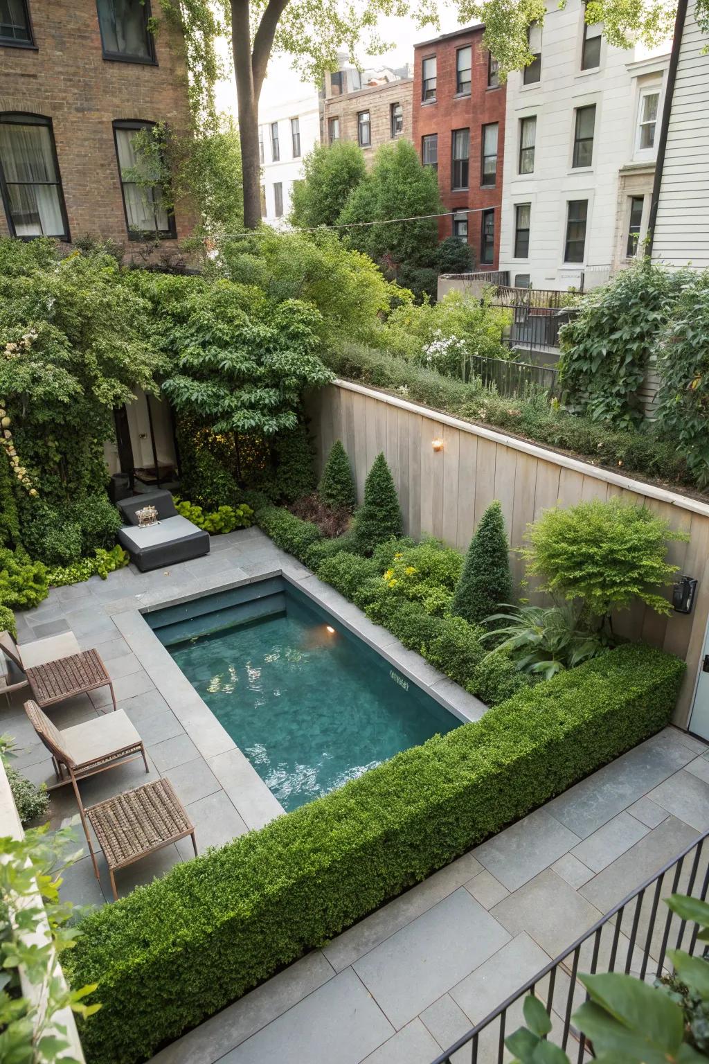 A compact plunge pool that fits flawlessly into a cozy backyard space.