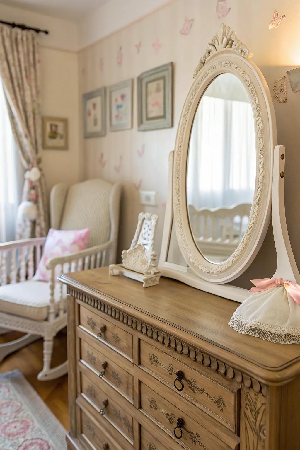 A vintage reflector contributes elegance and a sense of history to this nursery.