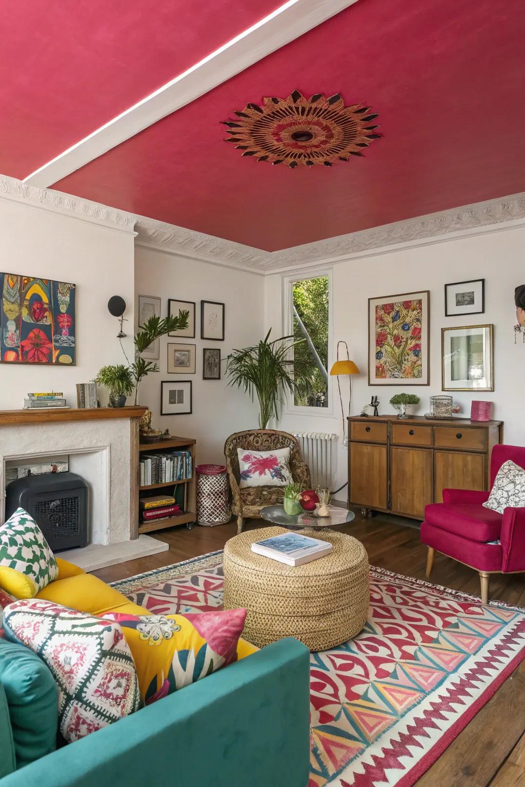 A vibrant family area showcasing a bold-hued ceiling issuing a spirited declaration.