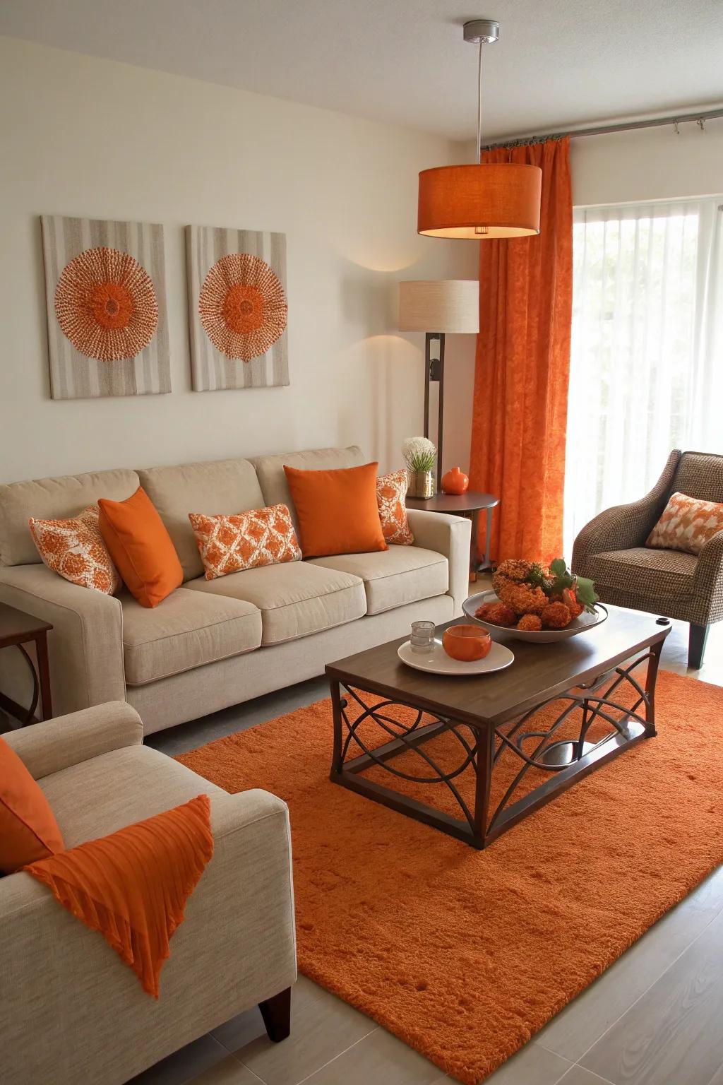 Orange accents in unexpected spaces create a playful, unique touch.