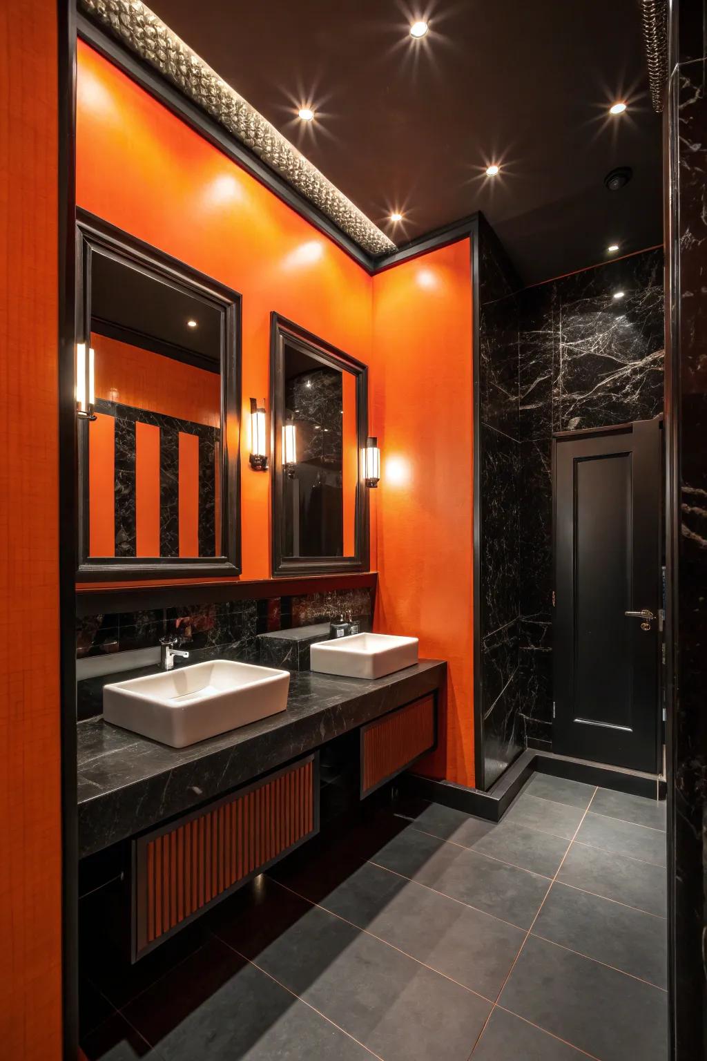 A powder room that becomes a showstopper with its audacious tangerine and jet decor.