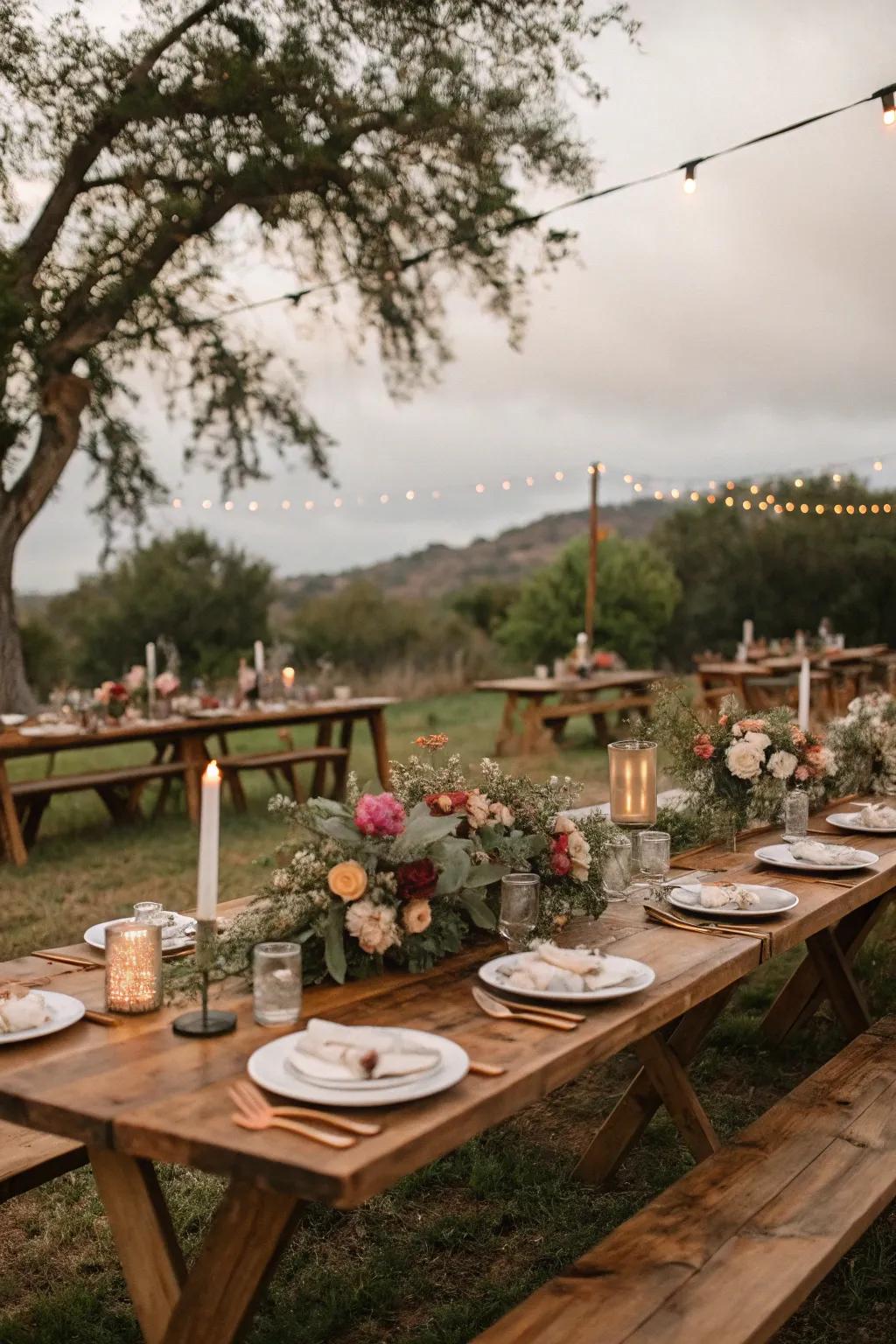 Untreated wood tables establish the stage for a stunning boho tablescape.