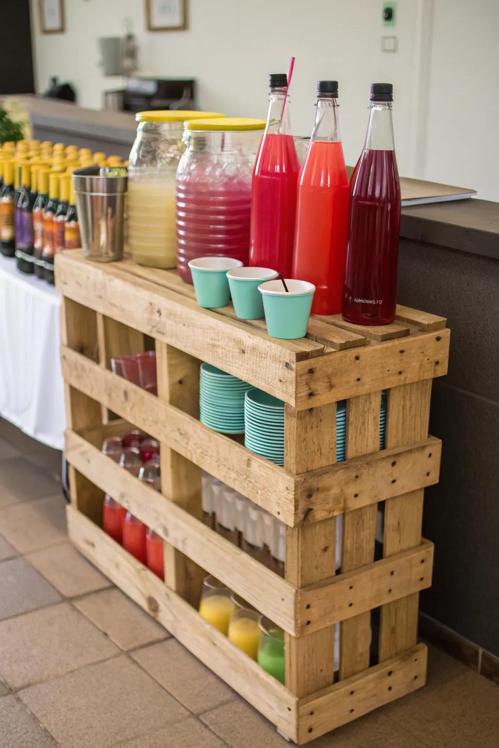 A timber platform provides a budget-friendly beverage station.