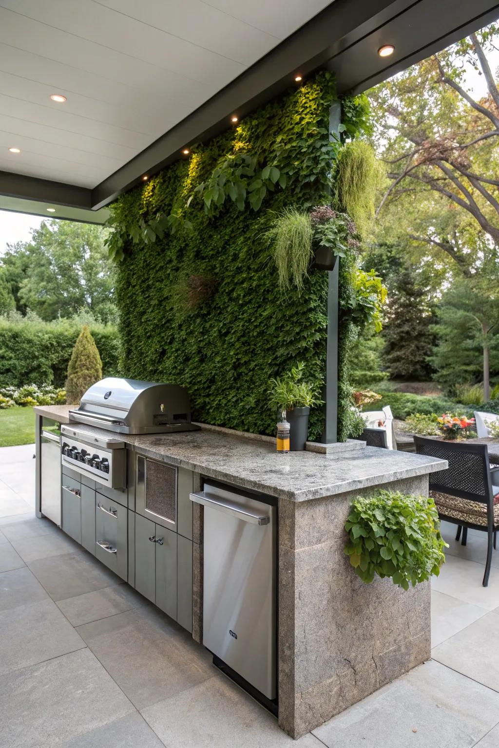 A refreshing outdoor kitchen island featuring an integrated living wall for added greenery.