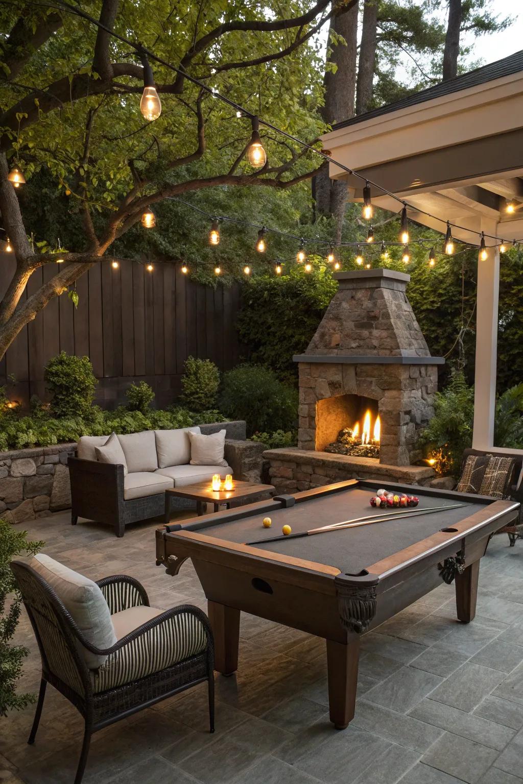 A pool table area showcasing a brazier delivering warmth and ambiance.