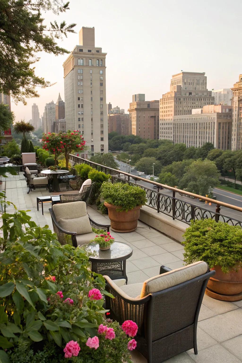 A rooftop refuge provides a serene escape above the metropolis.