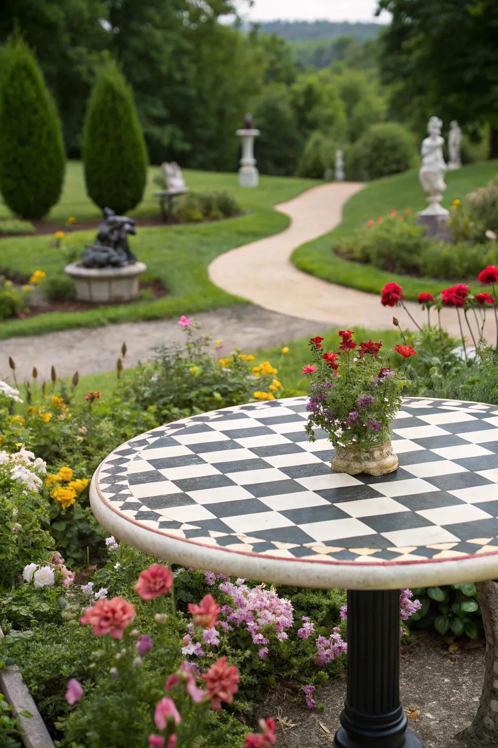 Checkerboard table tops incorporate a playful, interactive element to outdoor gatherings.