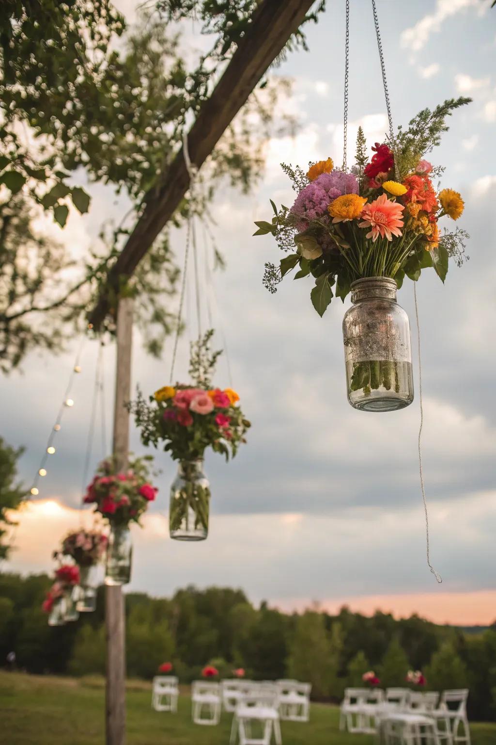 Add countryside charm using hanging flower-filled pottery.