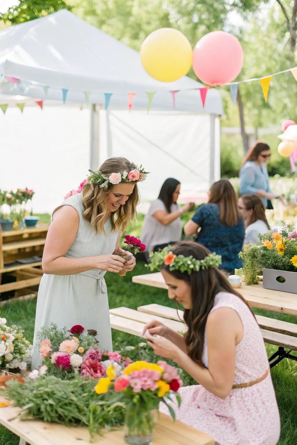 A DIY flower crown station invites creativity and fun.